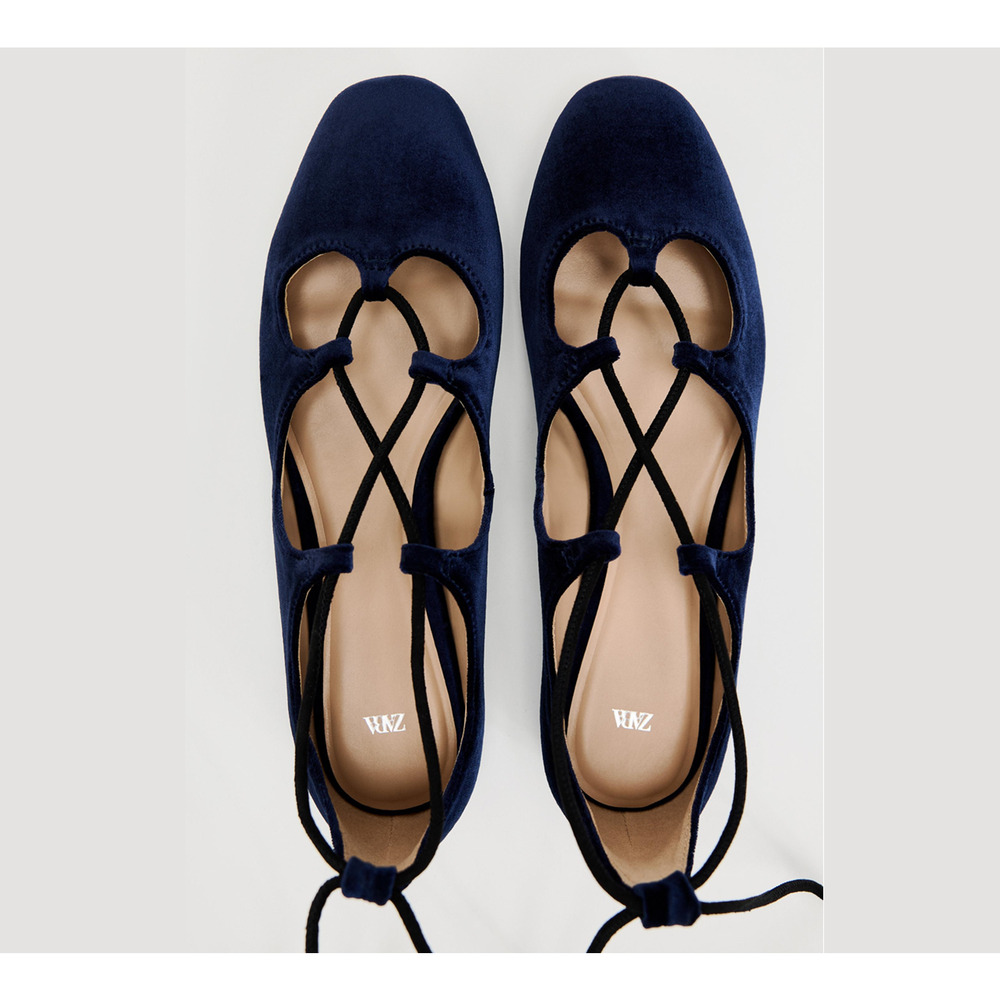 ZARA Navy Velvet Lace Up Ballet Flats NWT Balletcore Shoes Sizes 7.5 8 9 - Picture 16 of 16